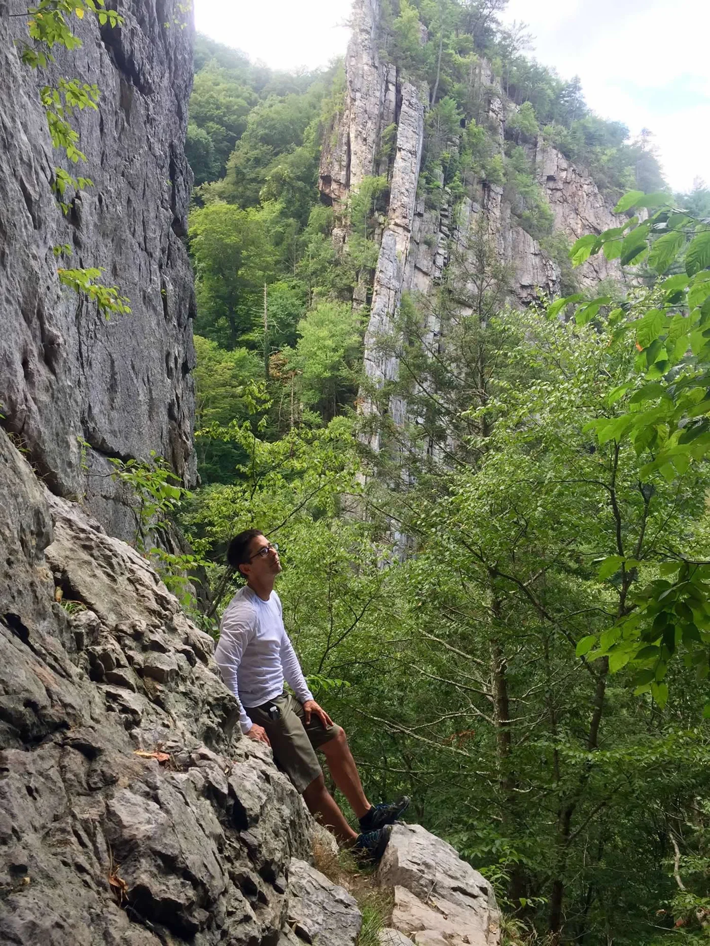 Tortuga looking up at the cliff walls in Pisgah — this is the moment that planted the idea